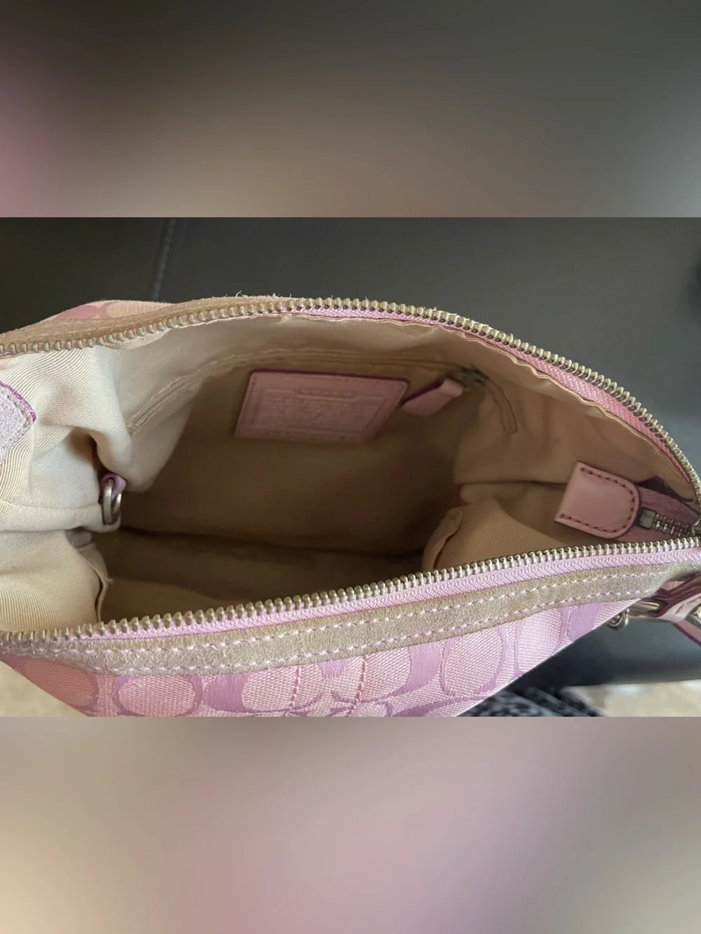 Coach Light Pink Signature Jacquard Shoulder crossbody Bag Tassel suede y2k
